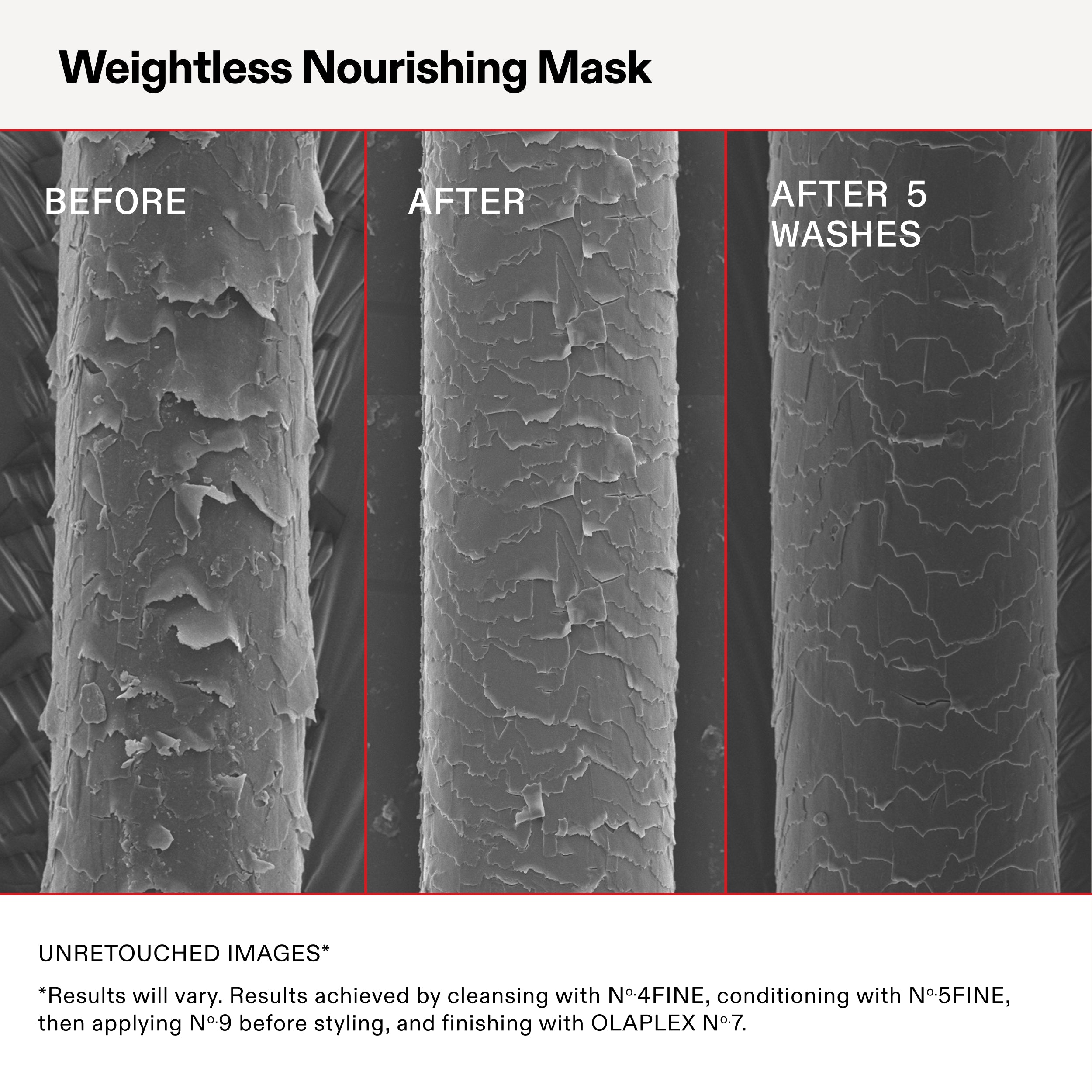 Weightless Nourishing Mask
BEFORE
AFTER
AFTER 5
WASHES
UNRETOUCHED IMAGES*
*Results will vary. Results achieved by cleansing with N°.4FINE, conditioning with N°.5FINE,
then applying N°.9 before styling, and finishing with OLAPLEX N°.7.
