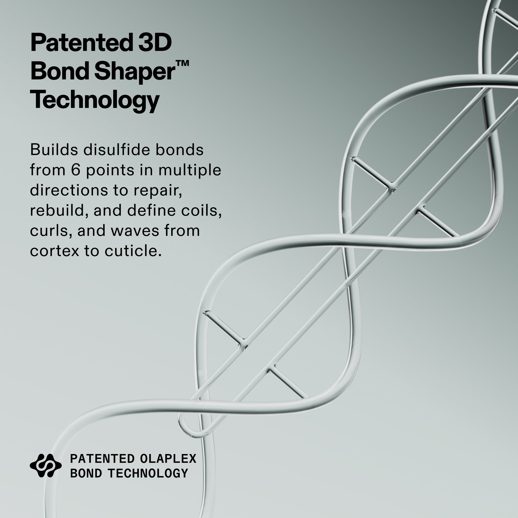 Imagen titulada "Tecnología patentada 3D Bond Shaper™". El texto explica que forma enlaces disulfuro desde seis puntos en múltiples direcciones para reparar, reconstruir y definir los rizos, las ondas y las ondulaciones, desde la corteza hasta la cutícula. Una ilustración en 3D muestra cómo las moléculas reparan un mechón de cabello.