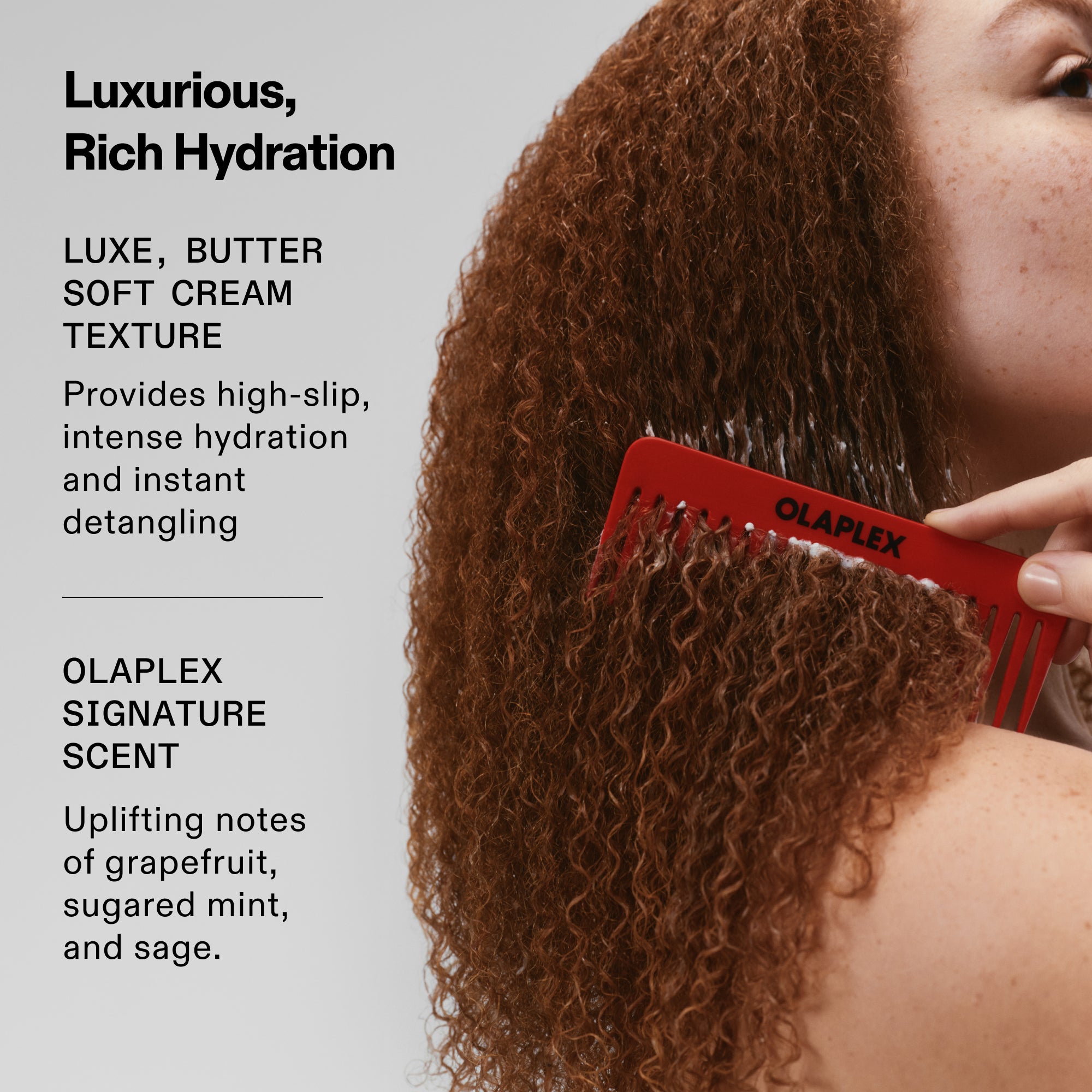 Graphic titled 'Luxurious, Rich Hydration' featuring a model using a red OLAPLEX comb through curly hair. Text describes a luxe, butter-soft cream texture for high-slip and instant detangling. Highlights the OLAPLEX Signature Scent with uplifting notes of grapefruit, sugared mint, and sage.