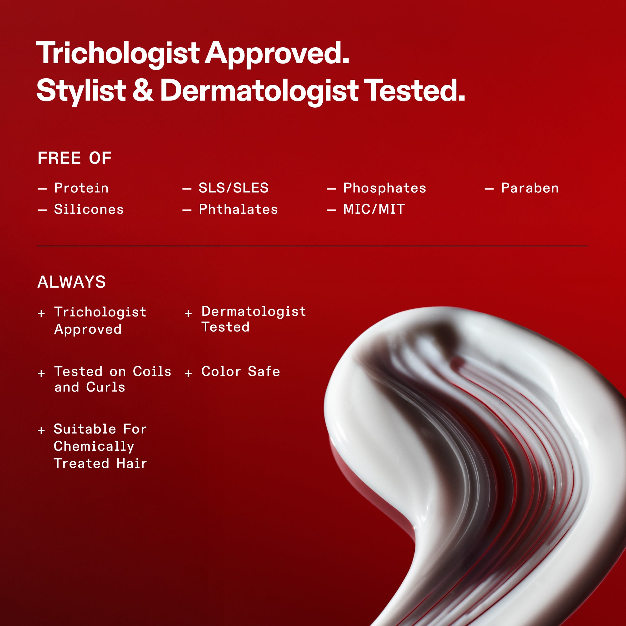 OLAPLEX formulation standards for Nº.5CURL on a red background. Text reads: Trichologist Approved. Stylist & Dermatologist Tested. FREE OF: Protein, Silicones, SLS/SLES, Phthalates, Phosphates, MIC/MIT, and Paraben. ALWAYS: Trichologist Approved, Dermatologist Tested, Tested on Coils and Curls, Color Safe, and Suitable for Chemically Treated Hair. Featuring a swirl of thick, white creamy conditioner texture.