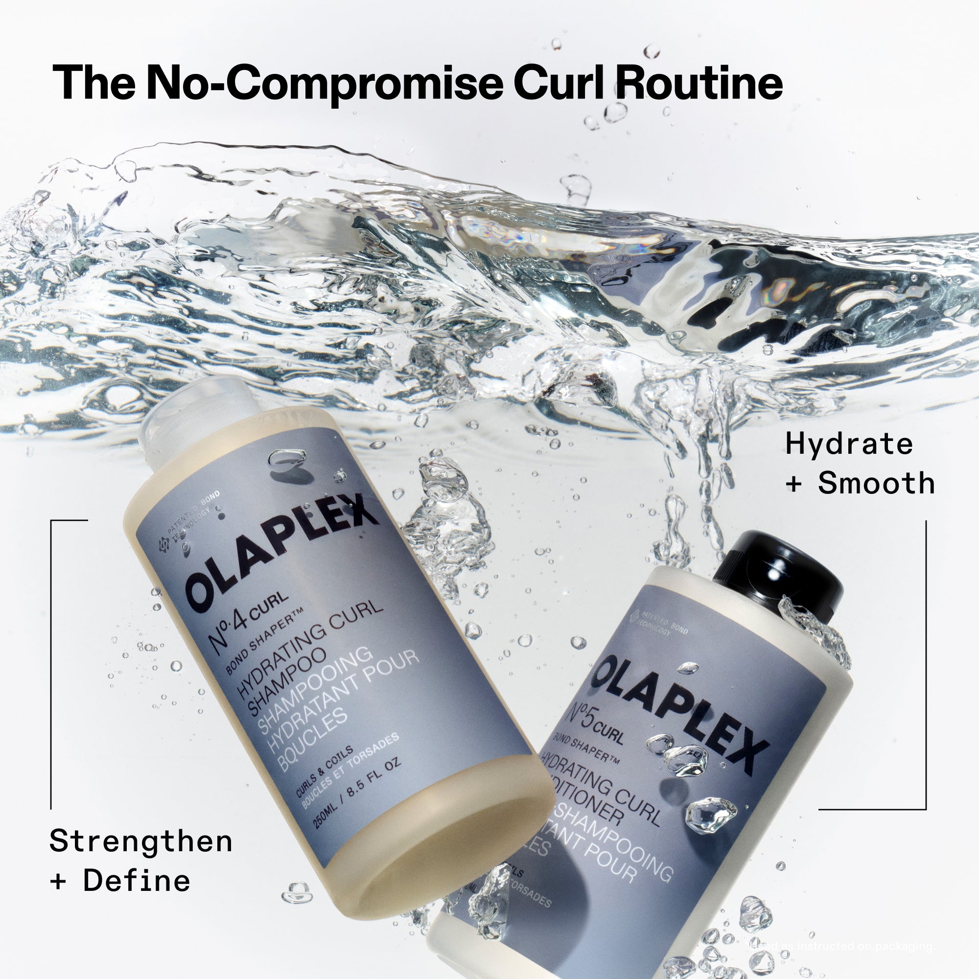 Promotion for 'The No-Compromise Curl Routine.' Bottles of Nº.4CURL Hydrating Curl Shampoo and Nº.5CURL Hydrating Curl Conditioner are shown splashing through clear water. Text identifies the shampoo for 'Strengthen + Define' and the conditioner for 'Hydrate + Smooth.