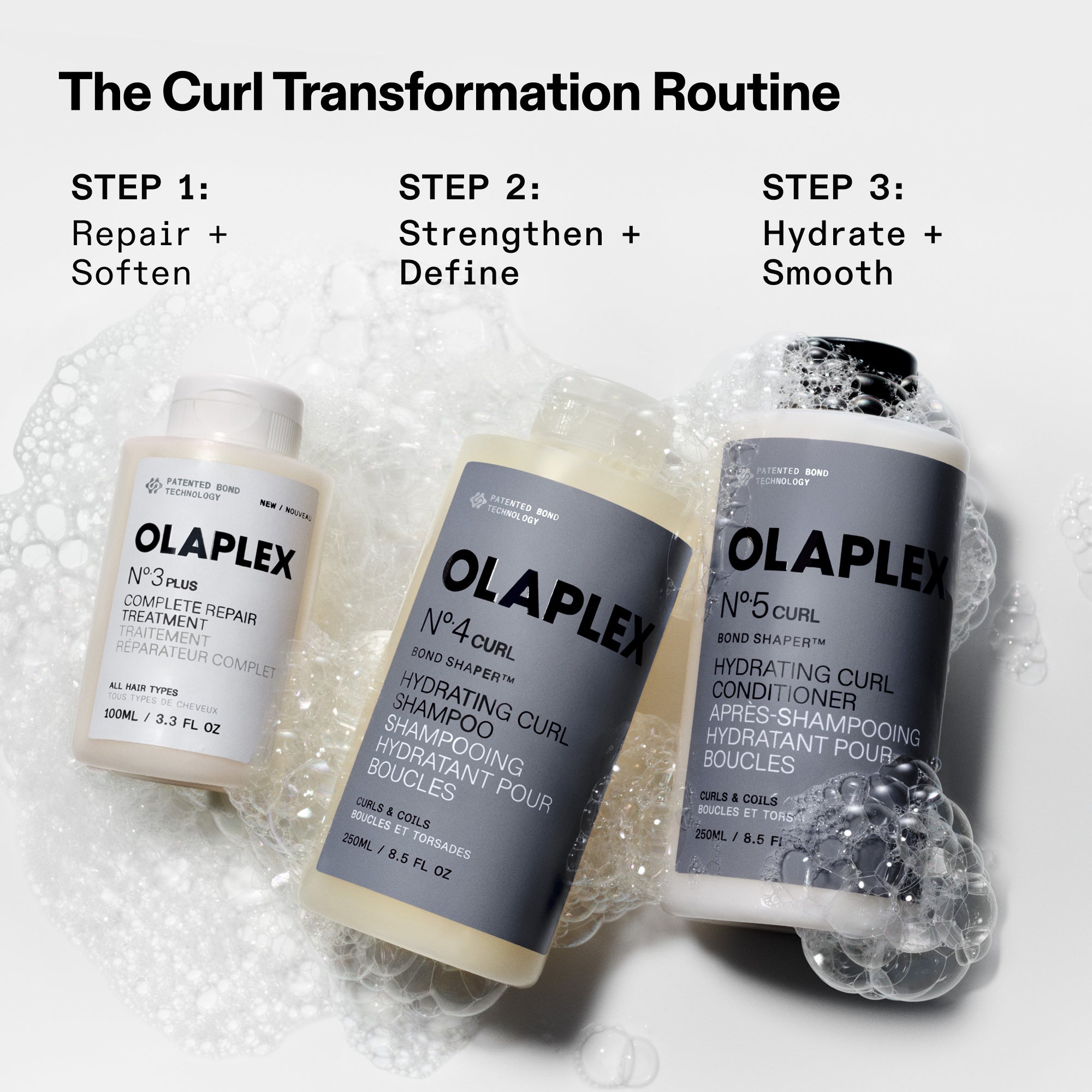 Infografía titulada "La rutina para transformar el rizo", en la que se muestran tres pasos con productos. Paso 1: repara y suaviza con el Nº.3Plus Complete Repair Treatment. Paso 2: fortalece y define utilizando el Nº.4CURL Bond Shaper Hydrating Curl Shampoo. Paso 3: hidrata y suaviza con el Nº.5CURL Bond Shaper Hydrating Curl Conditioner. Las botellas aparecen suspendidas en pompas de jabón.