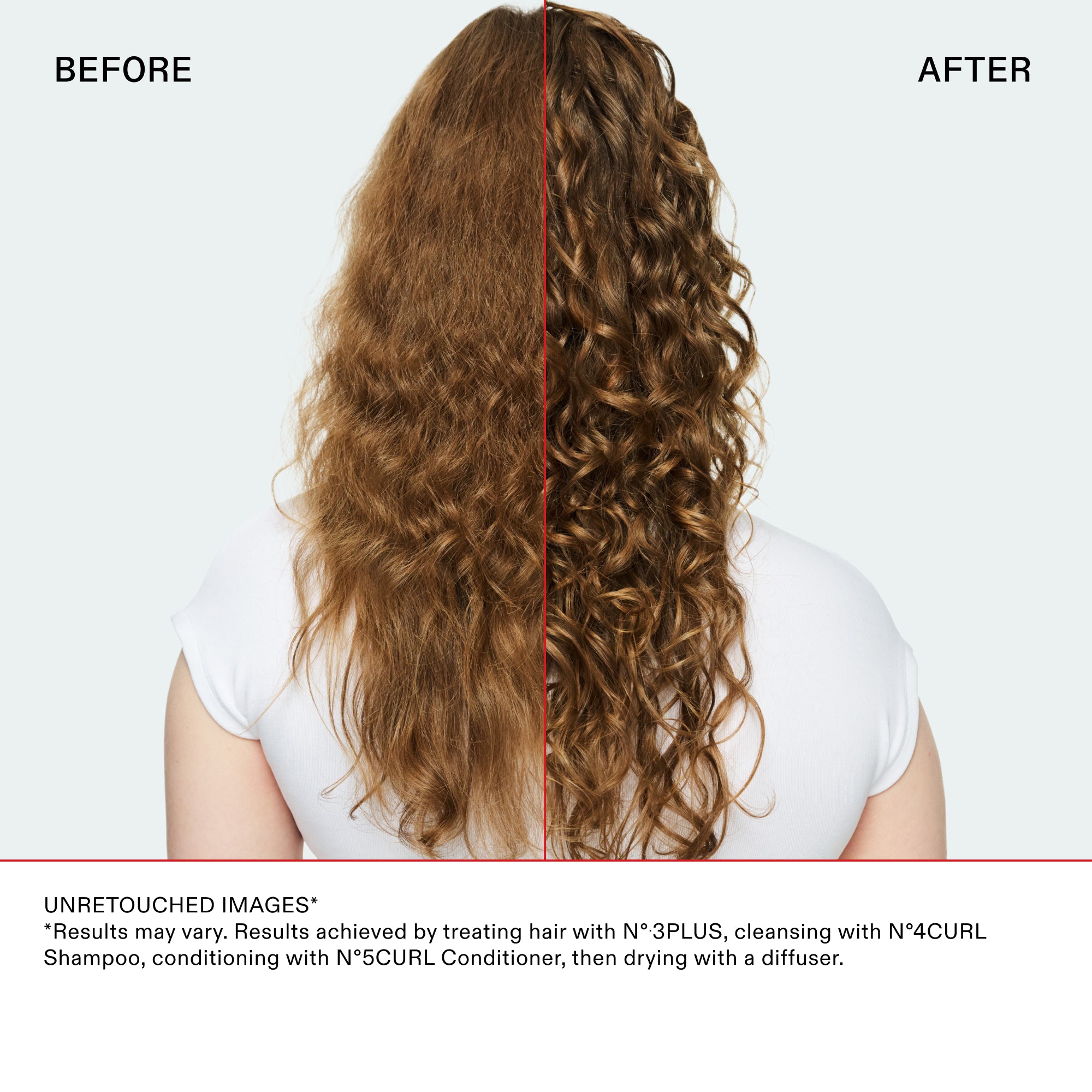Before and after back-view comparison of curly hair divided by a red line. The 'Before' side shows hair with frizz and undefined waves. The 'After' side shows highly defined, glossy, and bouncy curls. Text at the bottom states: UNRETOUCHED IMAGES. Results achieved by treating hair with Nº.3PLUS, cleansing with Nº.4CURL Shampoo, conditioning with Nº.5CURL Conditioner, then drying with a diffuser.