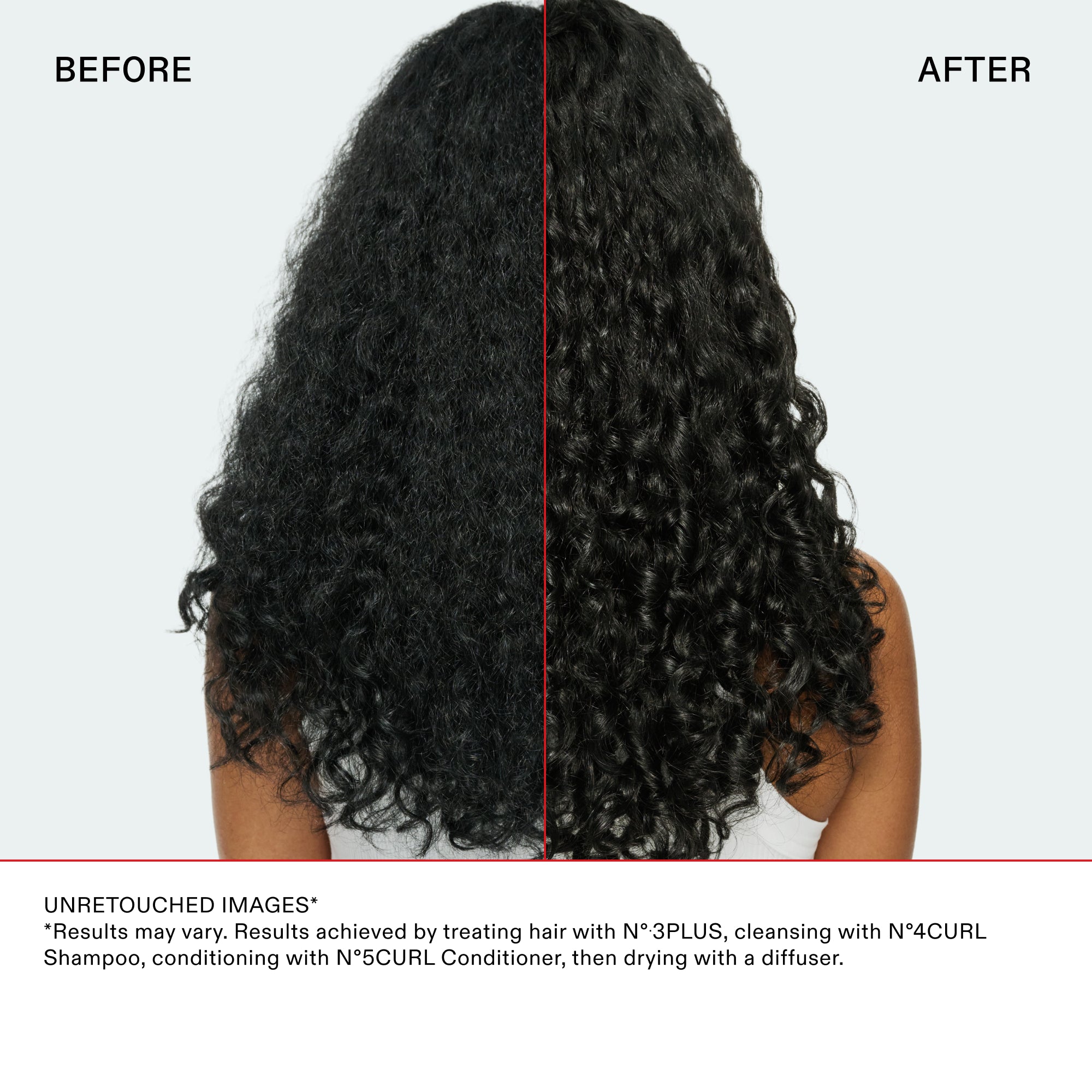 Before and after back-view comparison of long curly hair. The 'Before' side shows hair with significant frizz and less defined curls. The 'After' side shows uniform, highly defined, and shiny curls with a healthy bounce. Text at the bottom: UNRETOUCHED IMAGES. Results achieved by treating hair with Nº.3PLUS, cleansing with Nº.4CURL Shampoo, conditioning with Nº.5CURL Conditioner, then drying with a diffuser.