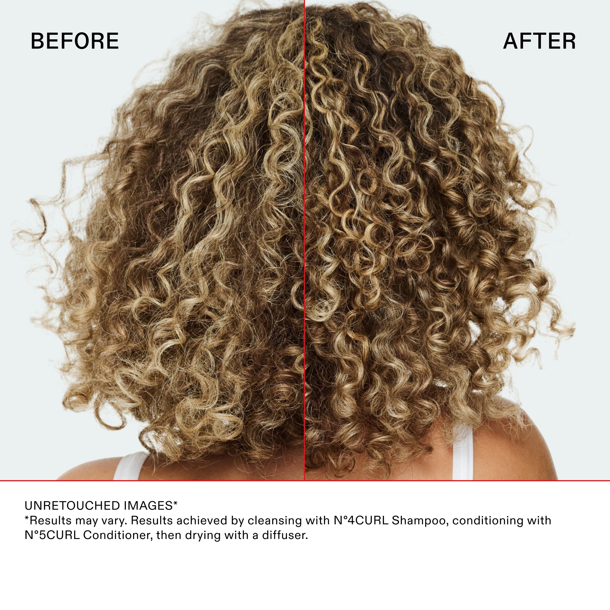 Before and after back-view comparison of blonde-highlighted curly hair. The 'Before' side shows frizzy, dull, and undefined curls. The 'After' side shows significant shine, bounce, and high curl definition. Text at the bottom: UNRETOUCHED IMAGES. Results achieved by cleansing with Nº.4CURL Shampoo, conditioning with Nº.5CURL Conditioner, then drying with a diffuser.