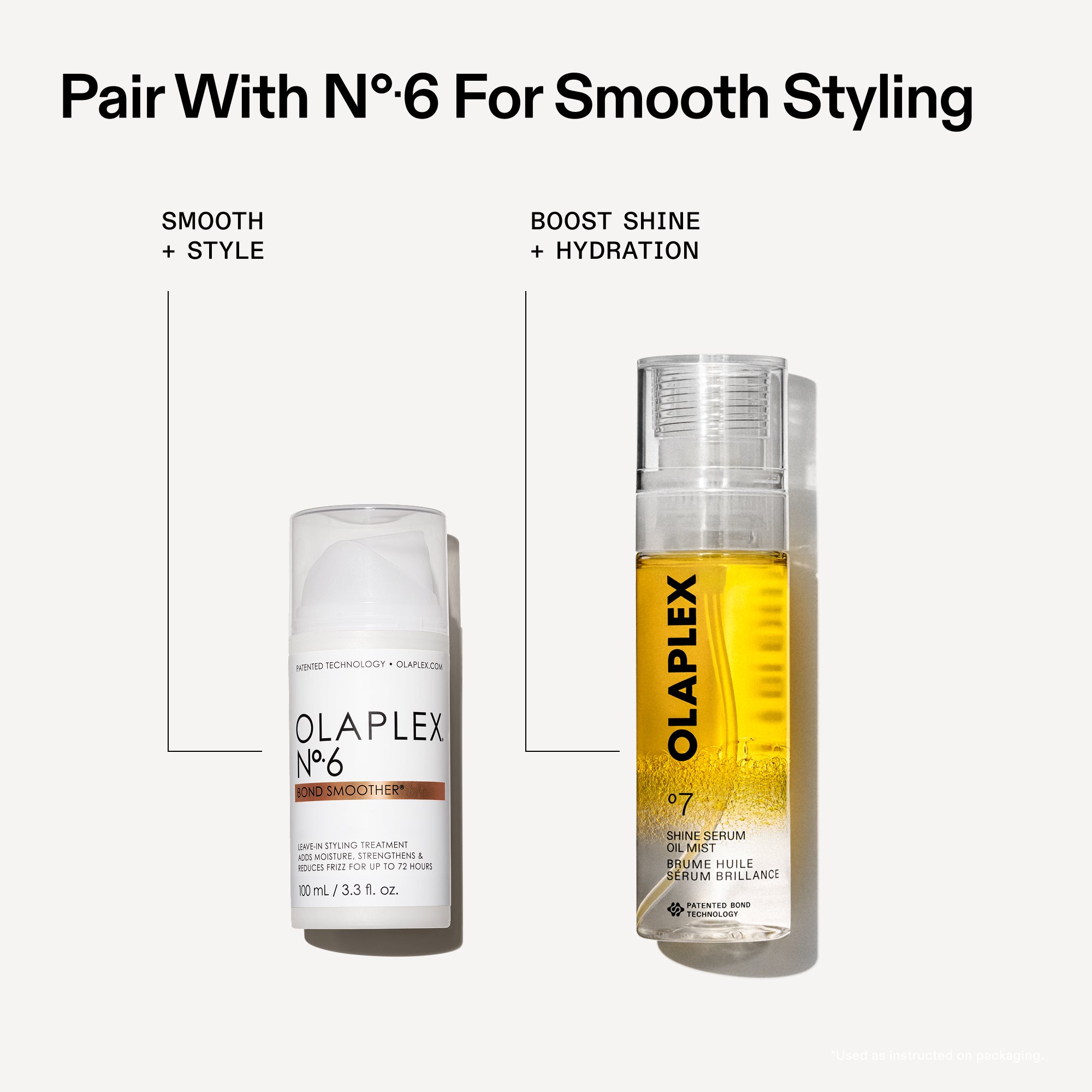 A product pairing graphic with the header "Pair With Nº.6 For Smooth Styling". It features two bottles side-by-side on a light gray background: Olaplex Nº.6 Bond Smoother (labeled "SMOOTH + STYLE") and Olaplex Nº.7 Shine Serum Oil Mist (labeled "BOOST SHINE + HYDRATION"). Thin black lines point from the labels to each respective bottle.