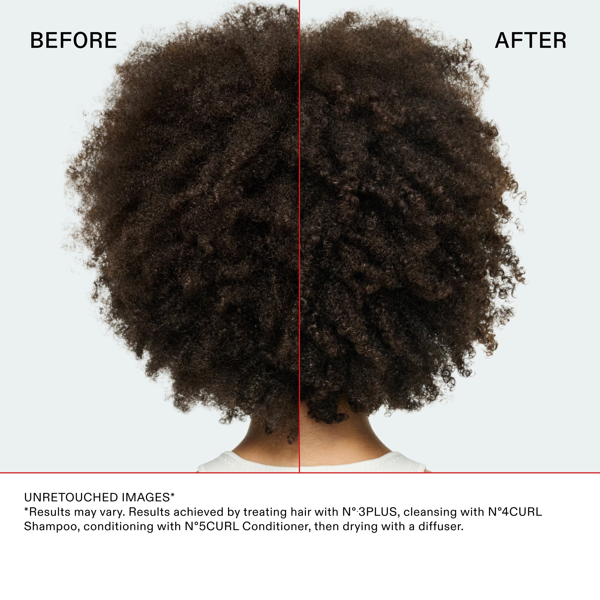 Before and after back-view comparison of coily hair. The 'Before' side shows hair that is less defined with visible frizz. The 'After' side shows highly defined, voluminous, and hydrated coils. Text at the bottom: UNRETOUCHED IMAGES. Results achieved by treating with Nº.3PLUS, cleansing with Nº.4CURL, and conditioning with Nº.5CURL, followed by diffuser drying.