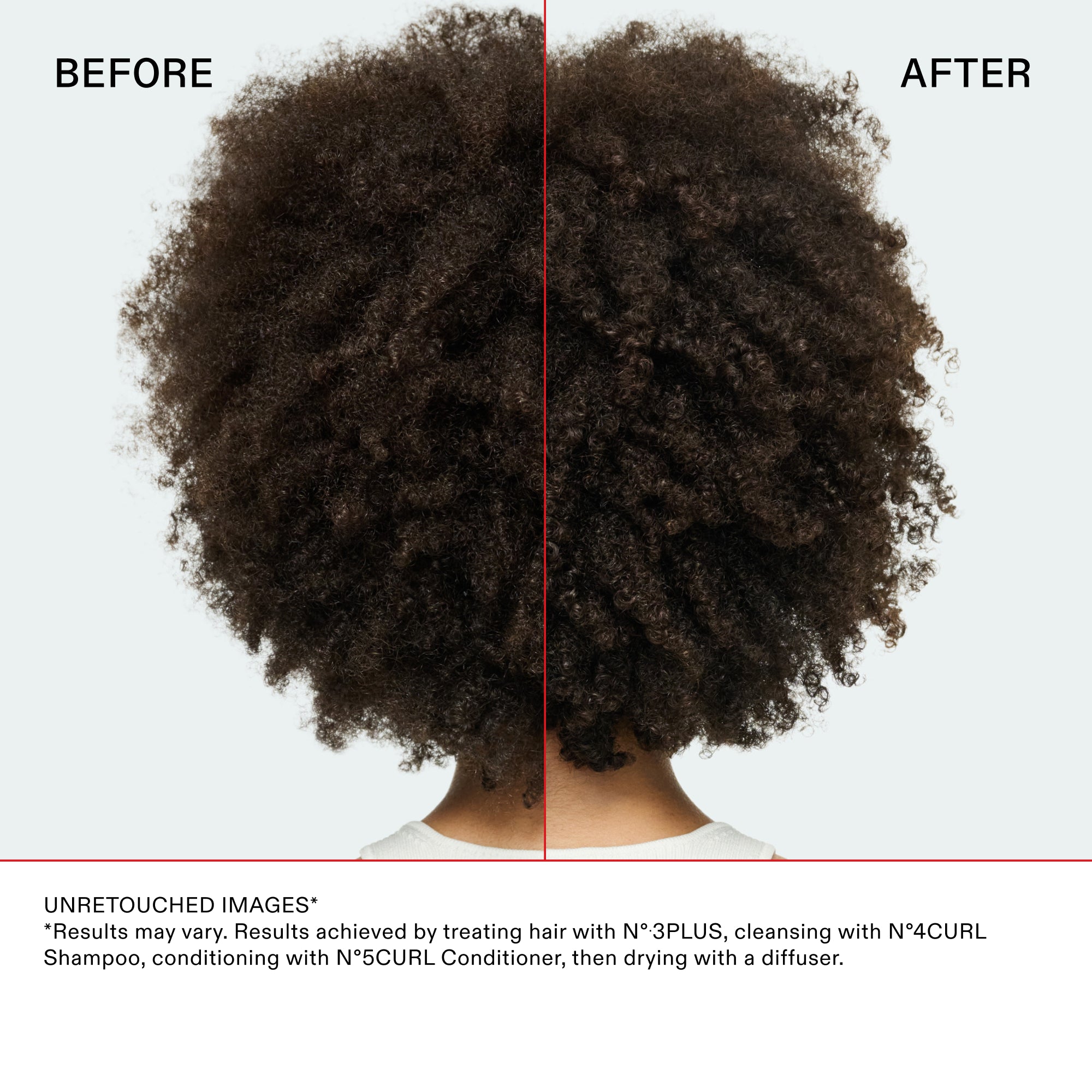 Before and after back-view comparison of coily hair divided by a red line. The 'Before' side shows hair with a soft, undefined texture and visible frizz. The 'After' side shows highly defined, moisturized, and structured coils. Text at the bottom: UNRETOUCHED IMAGES. Results achieved by treating hair with Nº.3PLUS, cleansing with Nº.4CURL Shampoo, conditioning with Nº.5CURL Conditioner, then drying with a diffuser.