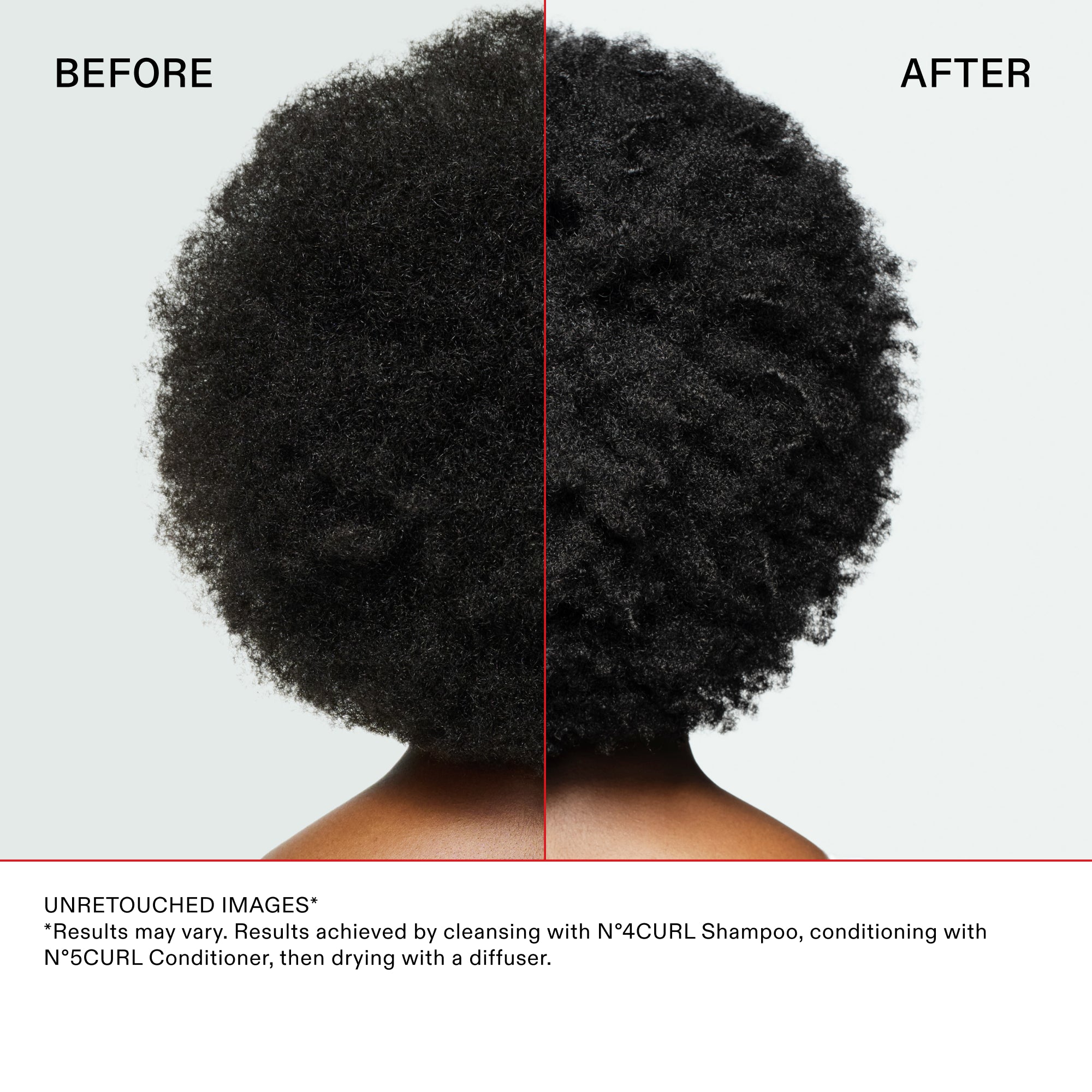 Comparación del antes y el después de un cabello rizado. El lado «antes» muestra una textura suave e indefinida con un encrespamiento visible. El lado «después» muestra rizos altamente definidos, hidratados y estructurados. Texto en la parte inferior: Imágenes sin retocar. Resultados obtenidos lavando el cabello con el Nº.4CURL Shampoo, acondicionándolo con el Nº.5CURL Conditioner y secando con difusor.