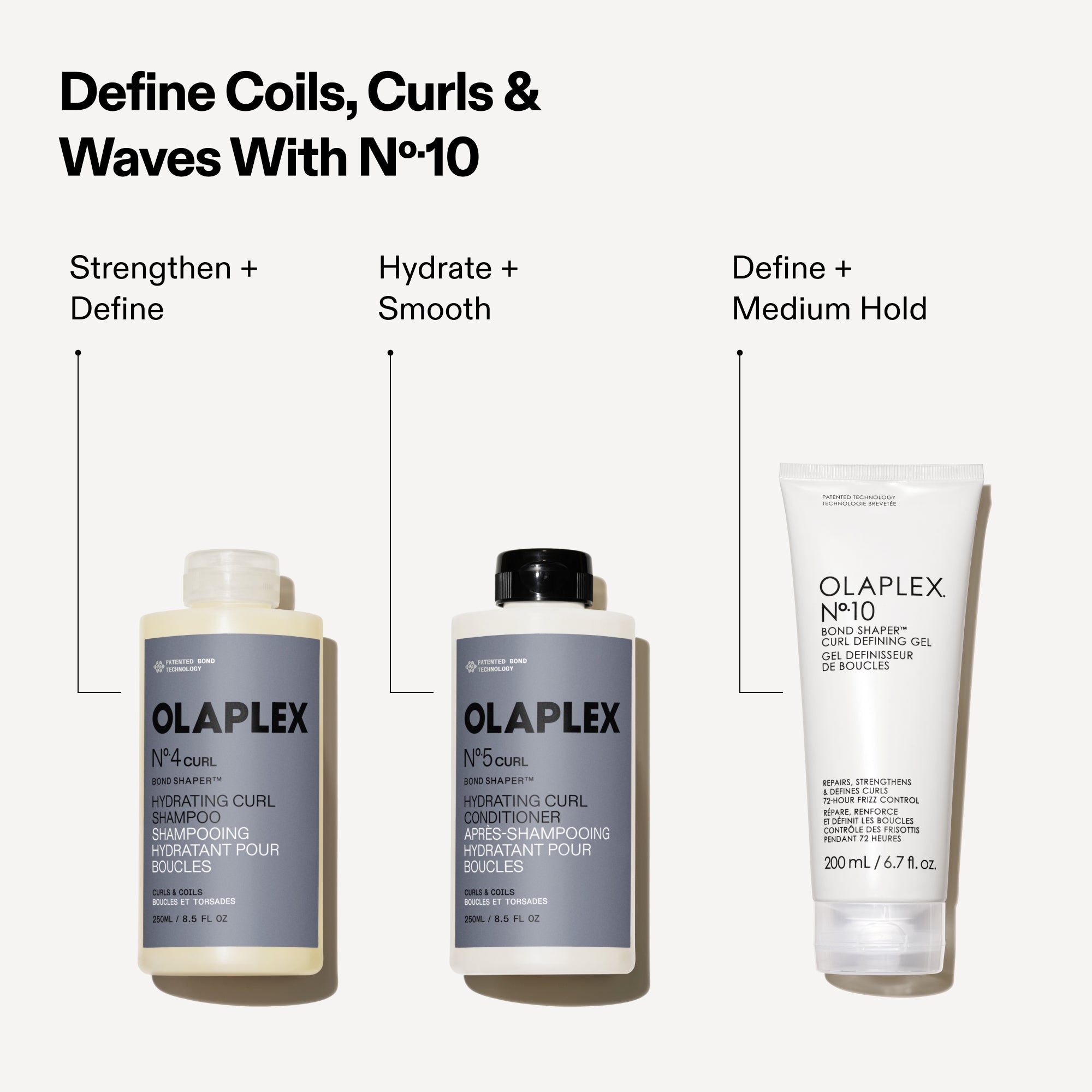 Guía de rutinas de productos titulada "Define tirabuzones, rizos y ondas con el Nº.10". Se muestran tres productos con sus beneficios específicos: Nº.4CURL (Fortalece+ Define), Nº.5CURL (Hidrata + Suaviza) y Nº.10 Bond Shaper Curl Defining Gel (Define + Da fijación media). Los botes de champú y acondicionador se muestran junto al tubo de gel Nº.10.