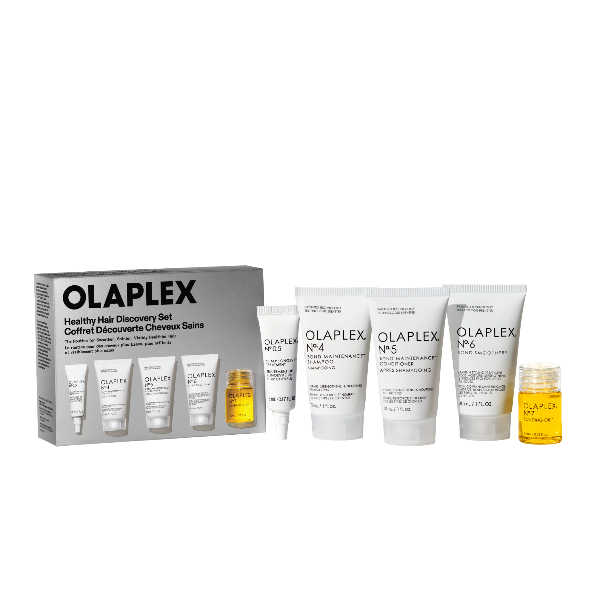 Healthy Hair Discovery Set

Nº.0.5 SCALP LONGEVITY TREATMENT: 5 mL / 0.17 FL. OZ.

Nº.4 BOND MAINTENANCE® SHAMPOO: 30 mL / 1 FL. OZ.

Nº.5 BOND MAINTENANCE® CONDITIONER: 30 mL / 1 FL. OZ.

Nº.6 BOND SMOOTHER®: 30 mL / 1 FL. OZ.

Nº.7 BONDING OIL™