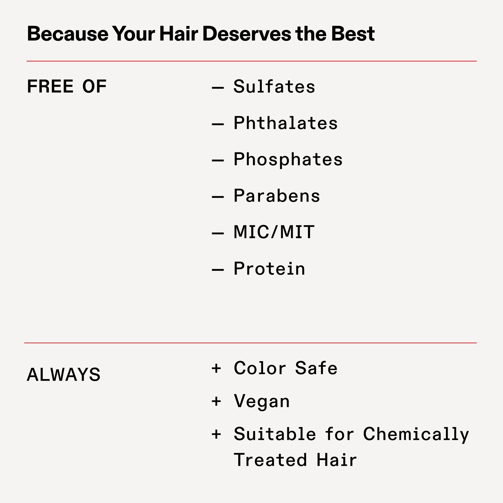 FREE OF
Sulfates
Phthalates
Phosphates
Parabens
MIC/MIT
Protein

ALWAYS
Color Safe
Vegan
Suitable for Chemically Treated Hair