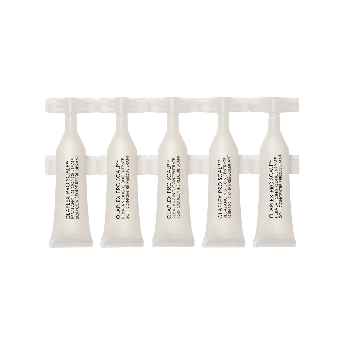 Set of five white hair care products in small, individual ampoules or vials, arranged in a row against a black and grey checkered background.

PRO SCALP™ REBALANCING CONCENTRATE