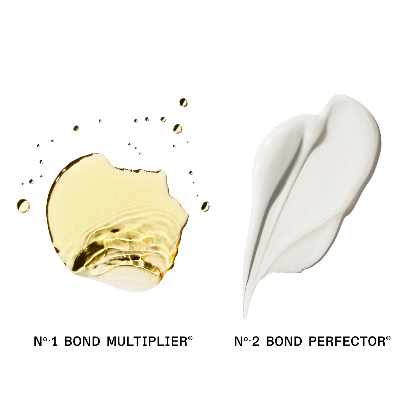 N°.1 BOND MULTIPLIER® and OLAPLEX N°.2 BOND PERFECTOR® creamy product swatch