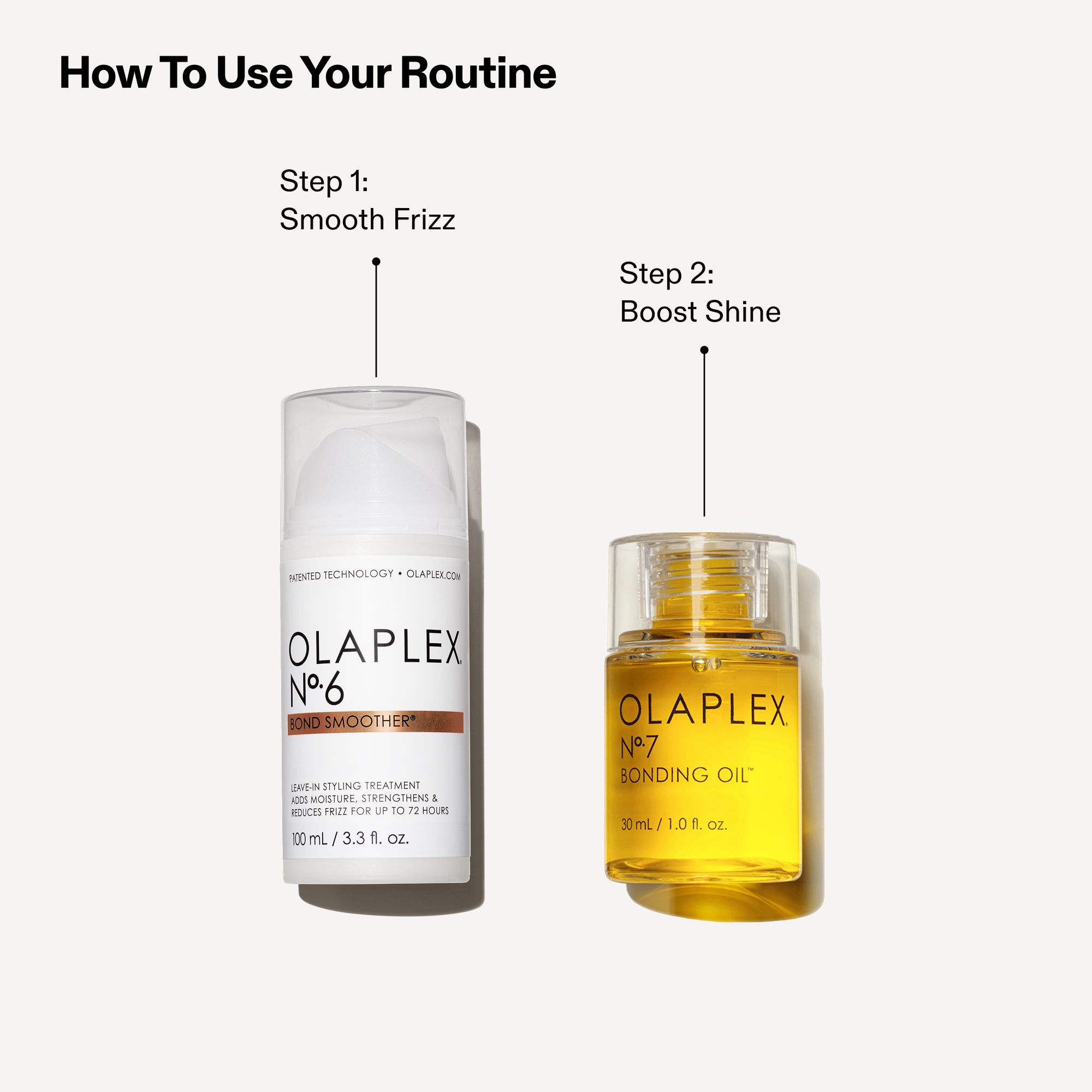 Step 1: Smooth Frizz

This step points to the bottle of OLAPLEX Nº.6 BOND SMOOTHER (100 mL / 3.3 fl. oz.).

Step 2: Boost Shine

This step points to the bottle of OLAPLEX Nº.7 BONDING OIL.