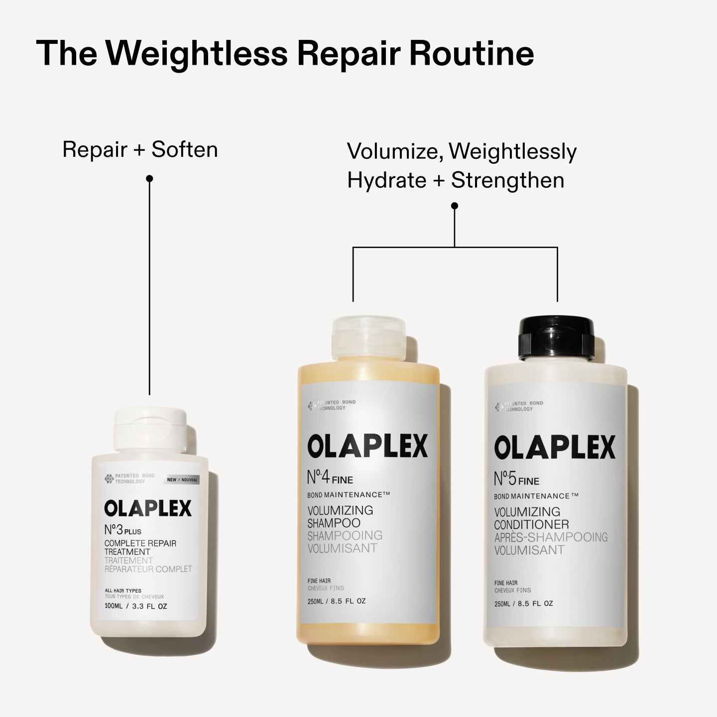 The Weightless Repair Routine
Repair + Soften
Volumize, Weightlessly Hydrate + Strengthen