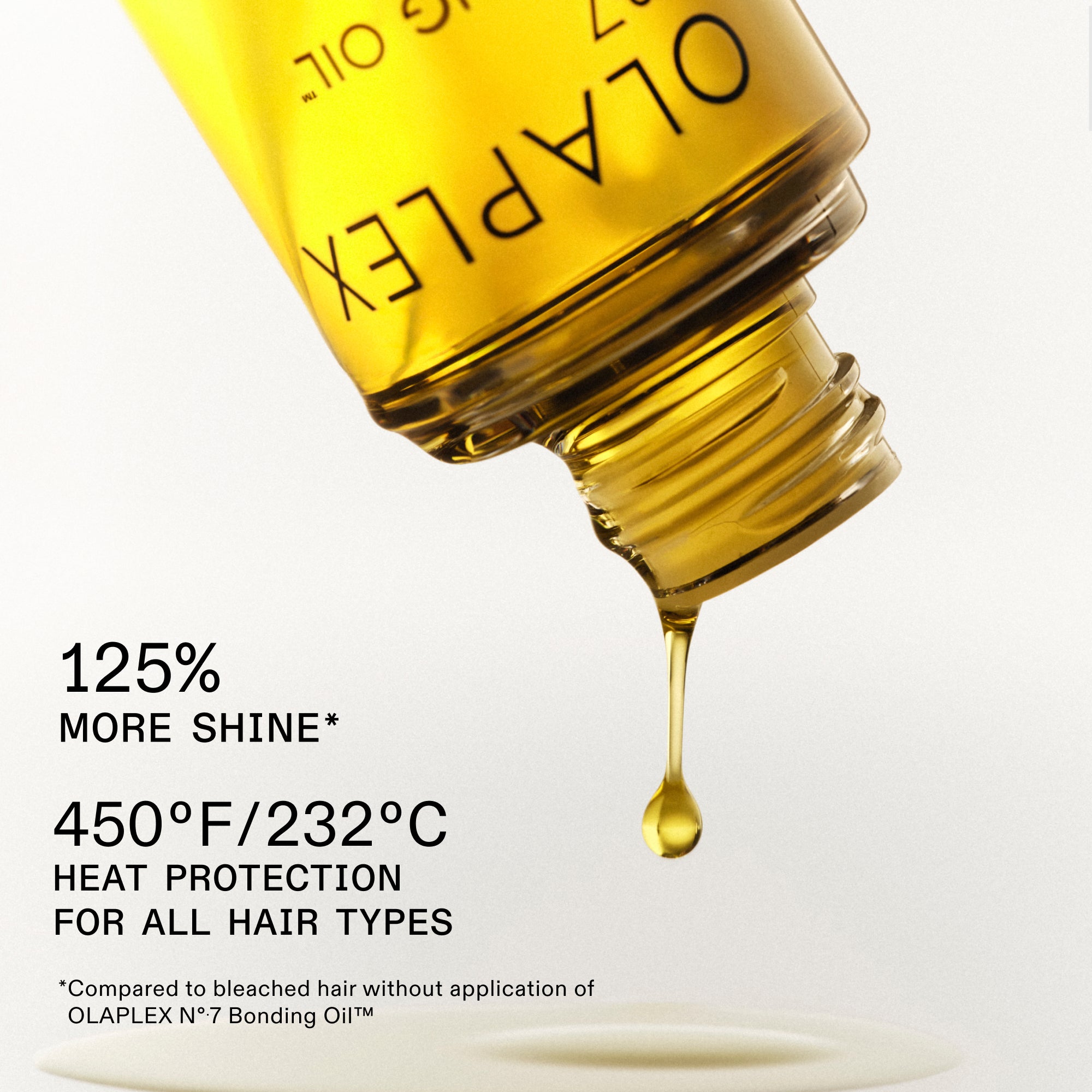 125% MORE SHINE*

*Compared to bleached hair without application of OLAPLEX N°.7 Bonding Oil™

450ºF/ 232ºC 
HEAT PROTECTION FOR ALL HAIR TYPES