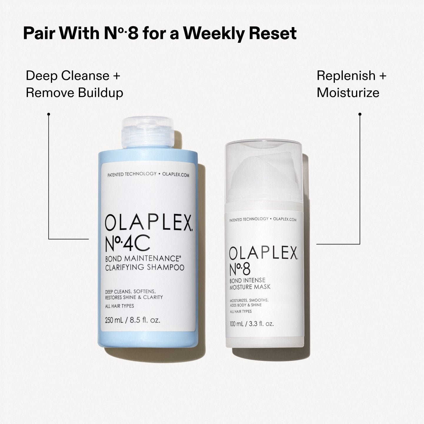 Pair With Nº 8 for a Weekly Reset

Deep Cleanse + Remove Buildup (Over the OLAPLEX Nº.4C BOND MAINTENANCE® CLARIFYING SHAMPOO bottle)

Replenish + Moisturize (Over the OLAPLEX Nº.8 BOND INTENSE MOISTURE MASK bottle)
