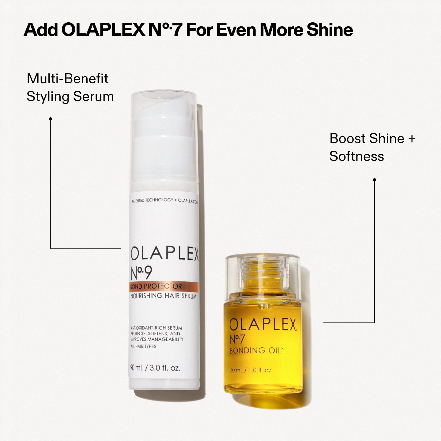 Agrega el OLAPLEX Nº.7 para lograr aún más brillo

Nº.9: sérum para peinar con múltiples beneficios 
Nº7 - Aumenta el brillo y la suavidad