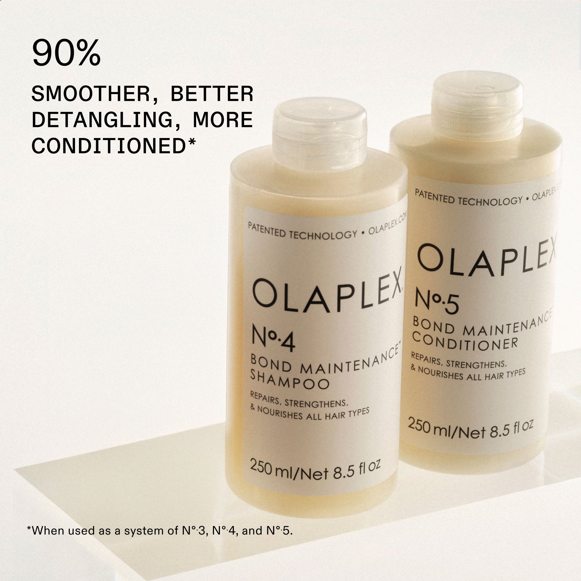 90% SMOOTHER, BETTER DETANGLING, MORE CONDITIONED*

*When used as a system of Nº.3, Nº.4, and Nº.5.
 
Nº.4 Bond Maintenance Shampoo with a Nº.5 Bond Maintenance Conditioner next to it