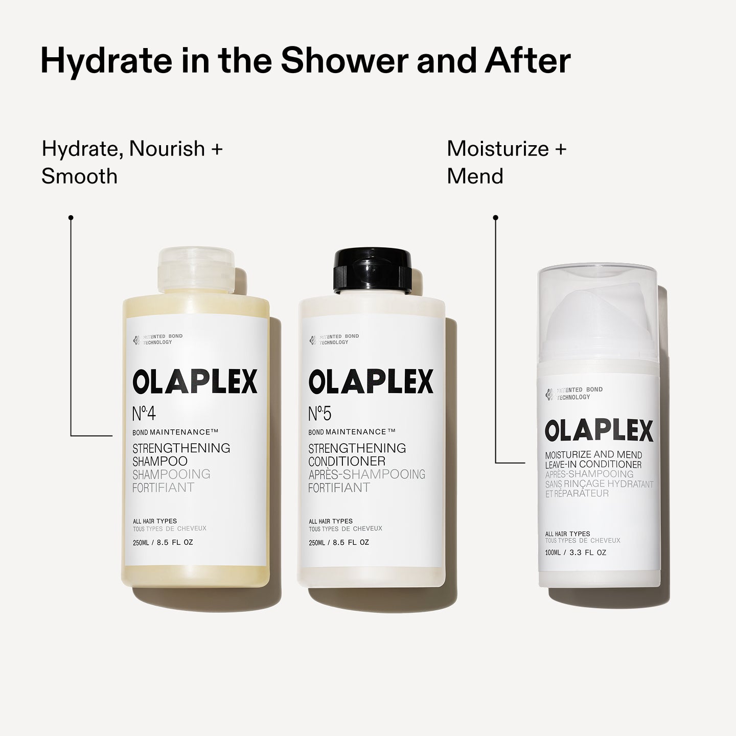 Hydrate In The Shower And After
No.4/No.5 - Hydrate, Nourish + Smooth
No.5L - Moisturize + Mend