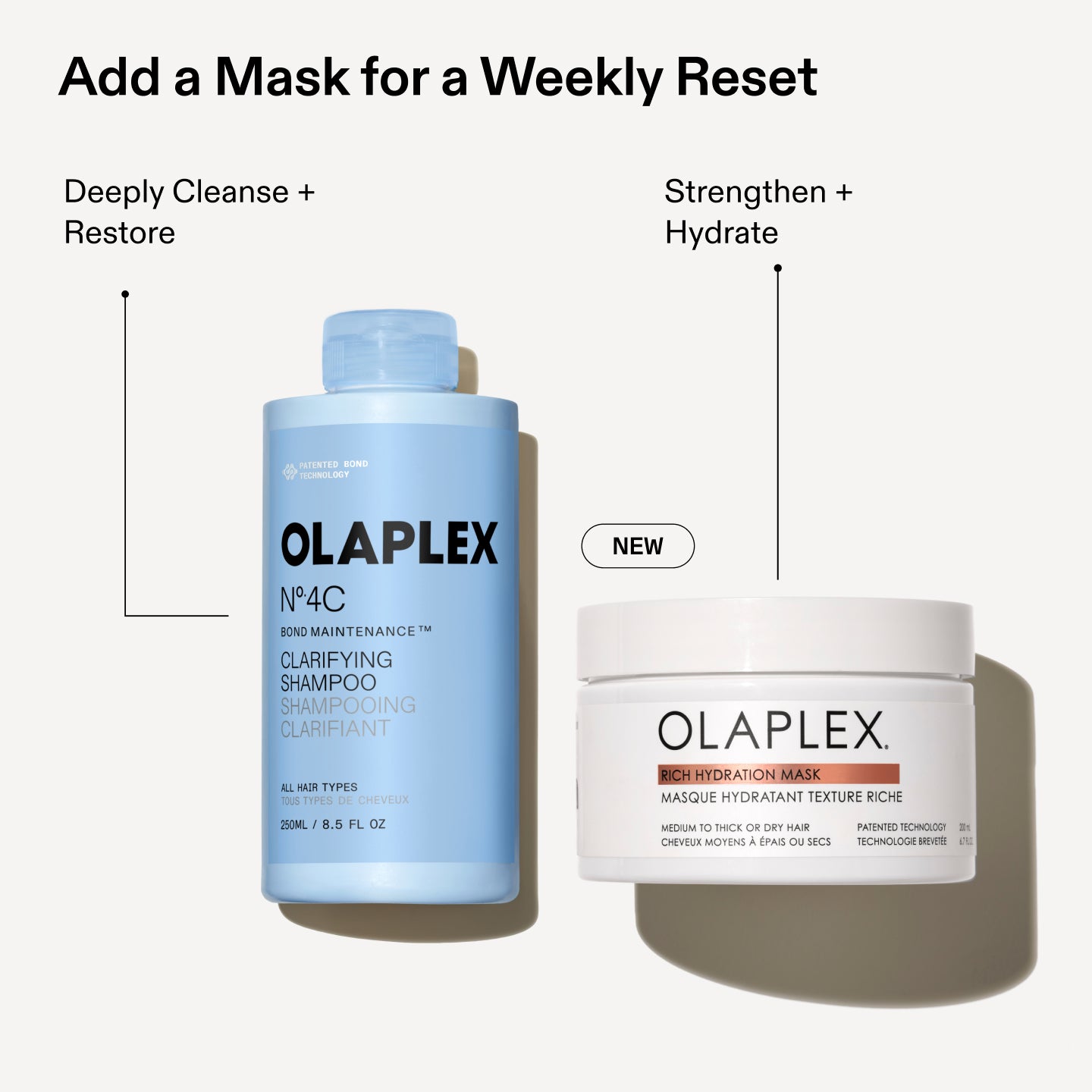 Añade una mascarilla para un reseteo semanal
Limpia en profundidad +
Restaura
Fortalece +
Hidrata