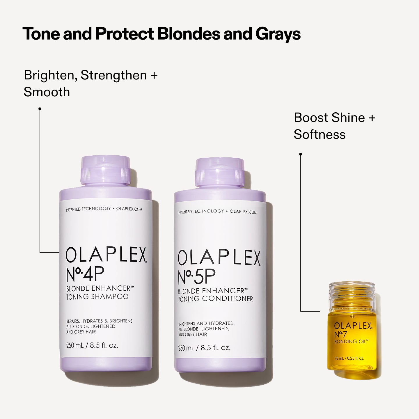 Tone and Protect Blondes and Grays

No.4P / No.5P- Brighten, Strengthen + Smooth

No.7 - Boost Shine + Softness
