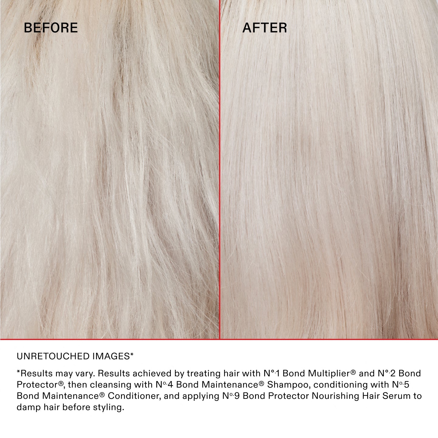 *Los resultados pueden variar. Resultados obtenidos al tratar el cabello con el Nº.1 Bond Multiplier® y el Nº.2 Bond Protector®, lavarlo con el Nº.4 Bond Maintenance® Shampoo, acondicionarlo con el Nº.5 Bond Maintenance® Conditioner y aplicar el Nº.9 Bond Protector Nourishing Hair Serum sobre el cabello húmedo antes de peinarlo.