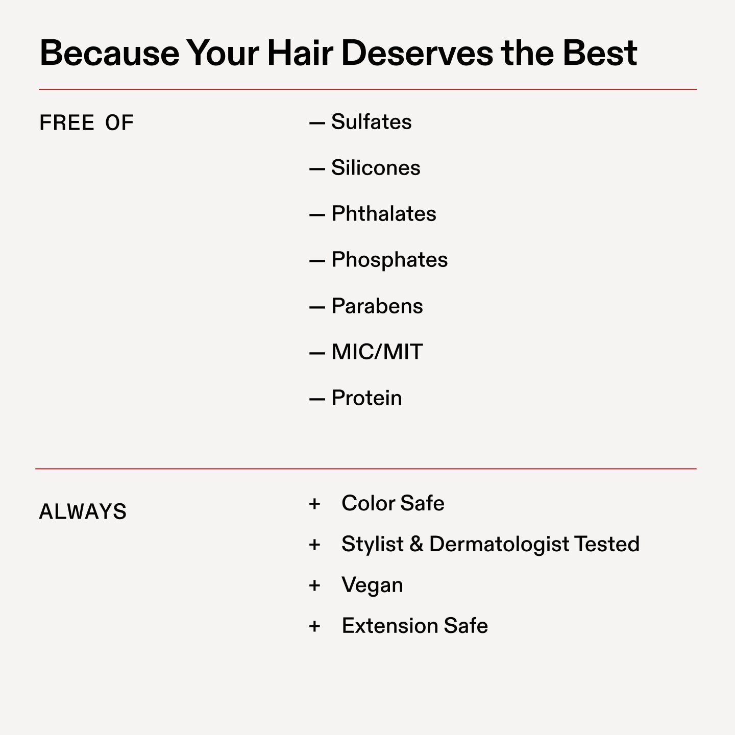 Porque tu cabello se merece lo mejor
SIN
- Sulfatos
- Siliconas
- Ftalatos
- Fosfatos
- Parabenos
- MIC/MIT
- Proteína
Siempre
+ Apto para cabellos teñidos
+ Probado por estilistas capilares y dermatólogos
+ Vegano
+ Seguro para extensiones