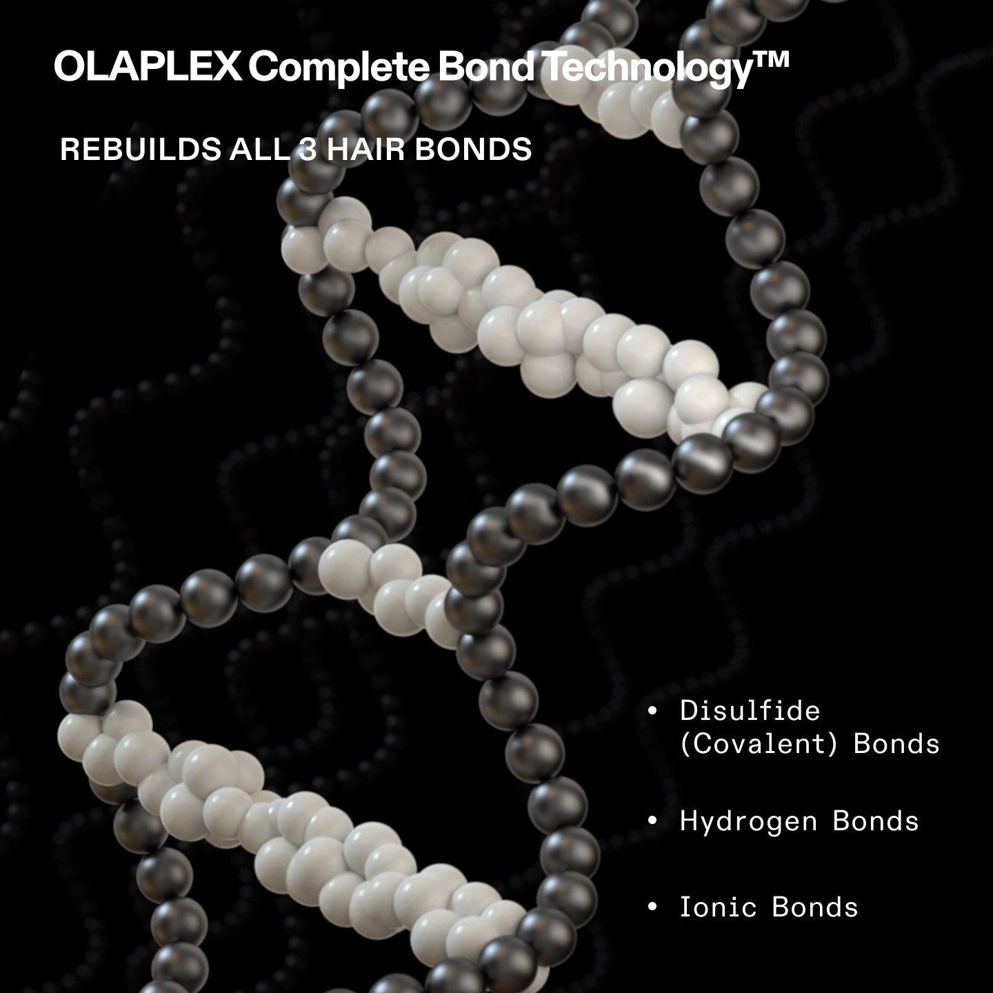 OLAPLEX Complete Bond Technology™

REBUILDS ALL 3 HAIR BONDS

- Disulfide (Covalent) Bonds
- Hydrogen Bonds
- Ionic Bonds