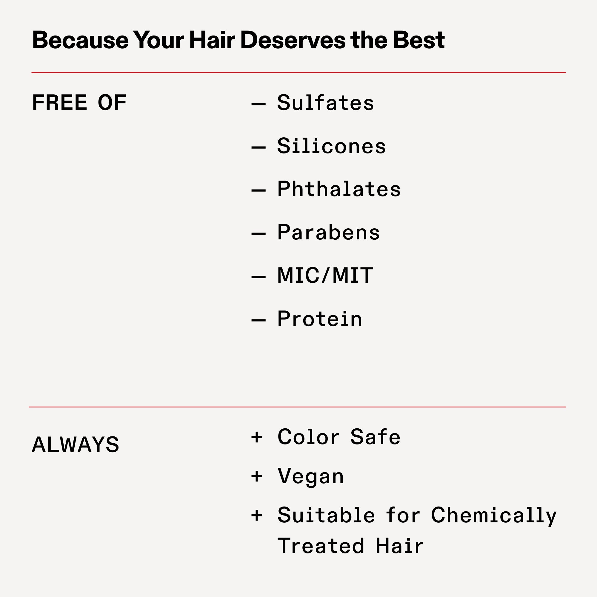 FREE OF

Sulfates

Silicones

Phthalates

Parabens

MIC/MIT

Protein

ALWAYS

Color Safe

Vegan

Suitable for Chemically Treated Hair