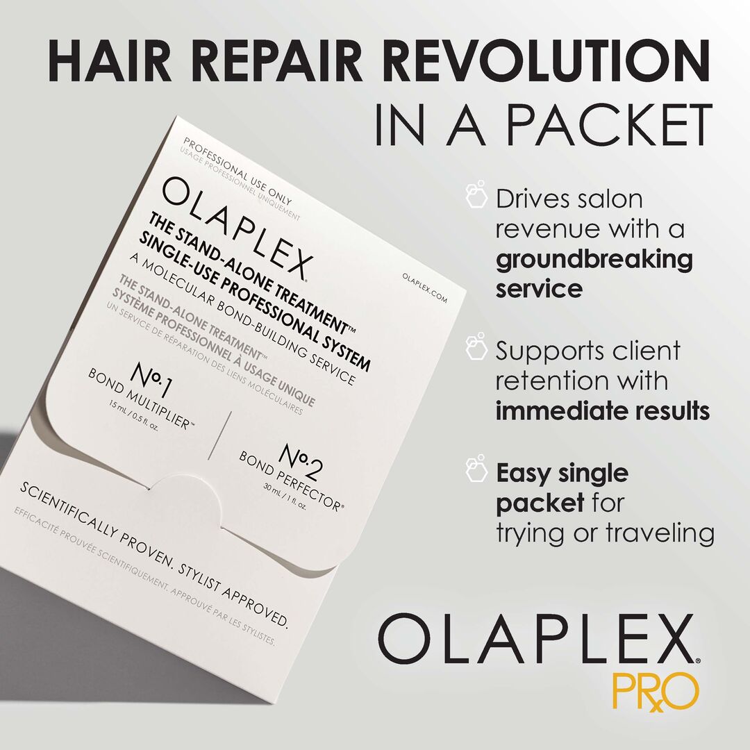 PROFESSIONAL USE ONLY
OLAPLEX.COM
OLAPLEX
Left Packet: BOND MULTIPLIER™
Right Packet: BOND PERFECTOR®

Nº1
STEP 1 OF THE STAND-ALONE TREATMENT™
15 mL / 0.5 fl. oz.

Nº2
STEP 2 OF THE STAND-ALONE TREATMENT™
30 mL / 1 fl. oz.
